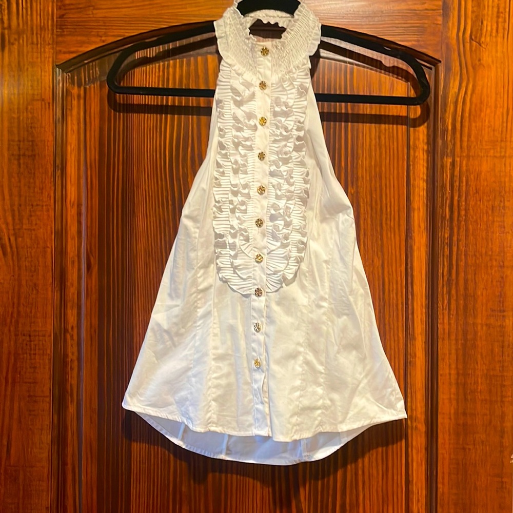 Ruffle neck and front halter dress shirt.
